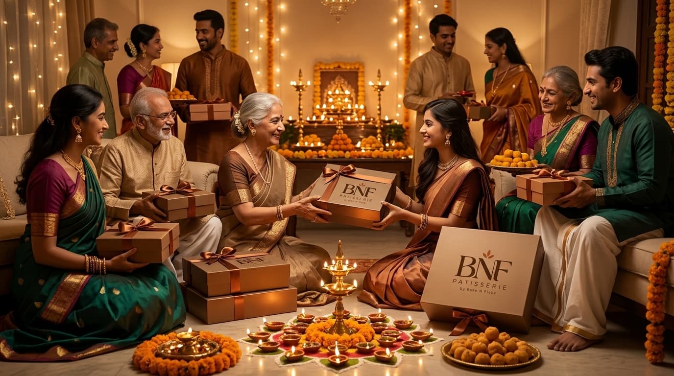 Indian family celebrating Diwali with BNF Patisserie luxury gift boxes