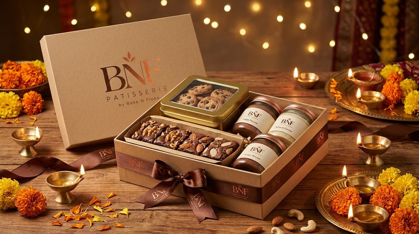 Open BNF Patisserie Diwali luxury gift box with gourmet fudge brownies and gold cookie tin