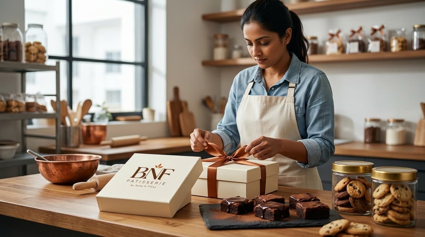 Pastry chef carefully tying satin ribbons on BNF Patisserie gift boxes in kitchen studio